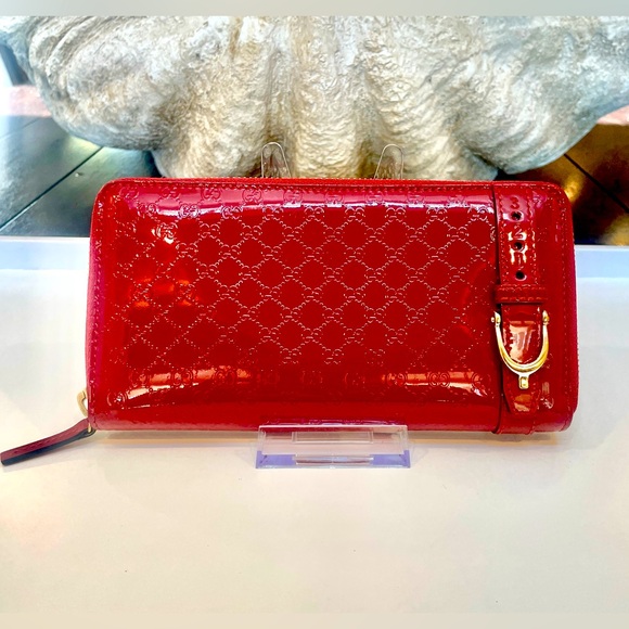 Gucci Handbags - Gucci Guccissima micro GG Spur Belted Patent Leather Red Wallet W/ Satin Dustbag